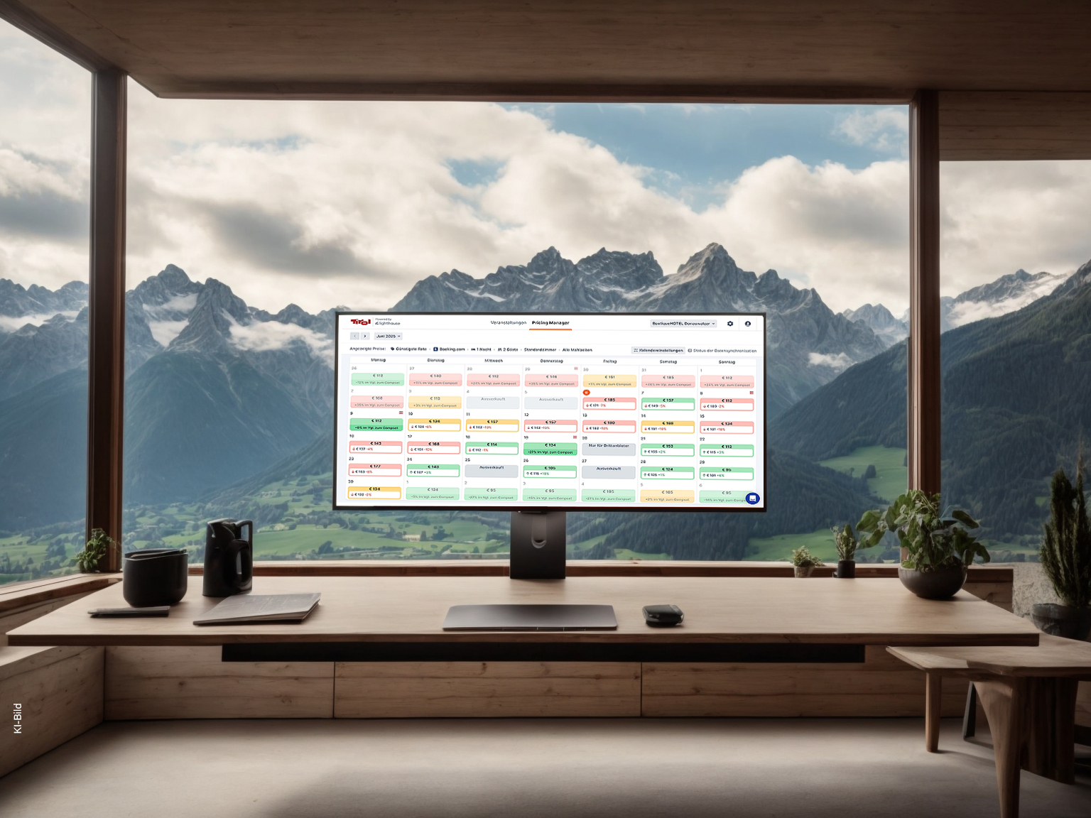 KI-generiertes Bild eines Computers vor einer Bergkulisse